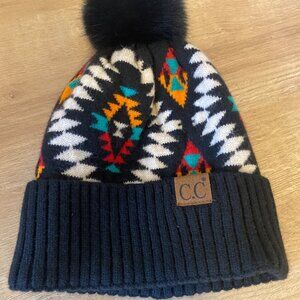 C.C. Aztec Print Knit Beanie With Faux Fur Pom Pom
